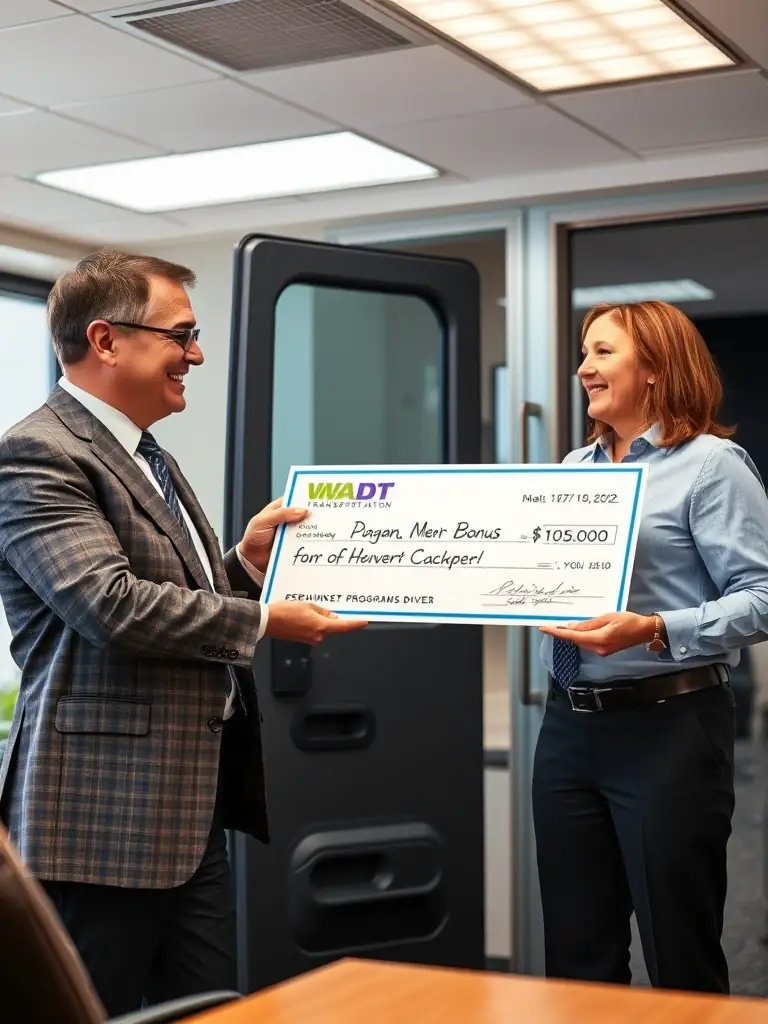 A driver receiving a bonus check from a manager, illustrating the bonus programs and incentives offered by WADT Transportation.