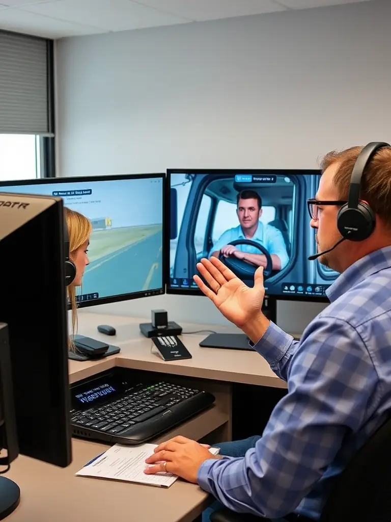 A support team member at WADT Transportation assisting a driver remotely via video call, troubleshooting a technical issue with the vehicle's navigation system during a delivery.