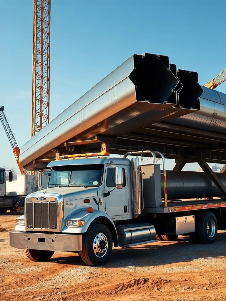 A flatbed truck carrying large steel beams, illustrating the capability to handle oversized and heavy loads with specialized equipment.