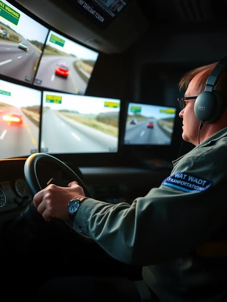 A WADT Transportation driver participating in a defensive driving simulation, reacting to unexpected road hazards and practicing safe maneuvering techniques in a controlled environment.