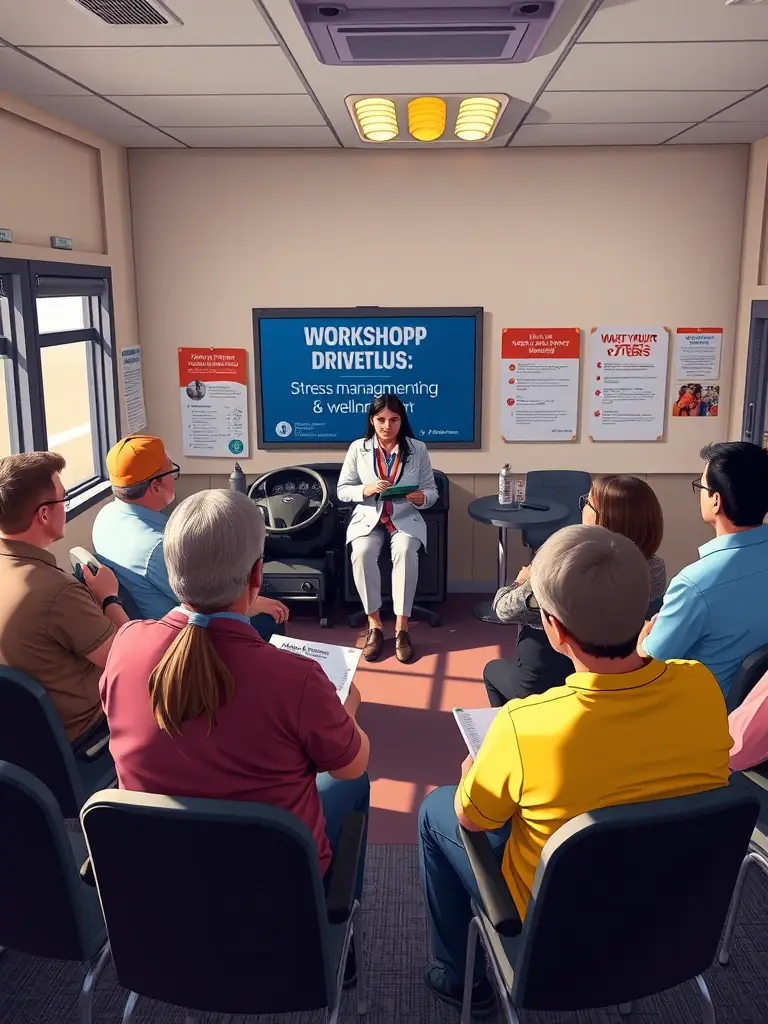 A group of WADT Transportation drivers participating in a workshop on stress management and wellness, led by a health professional, focusing on techniques for maintaining physical and mental well-being on the road.