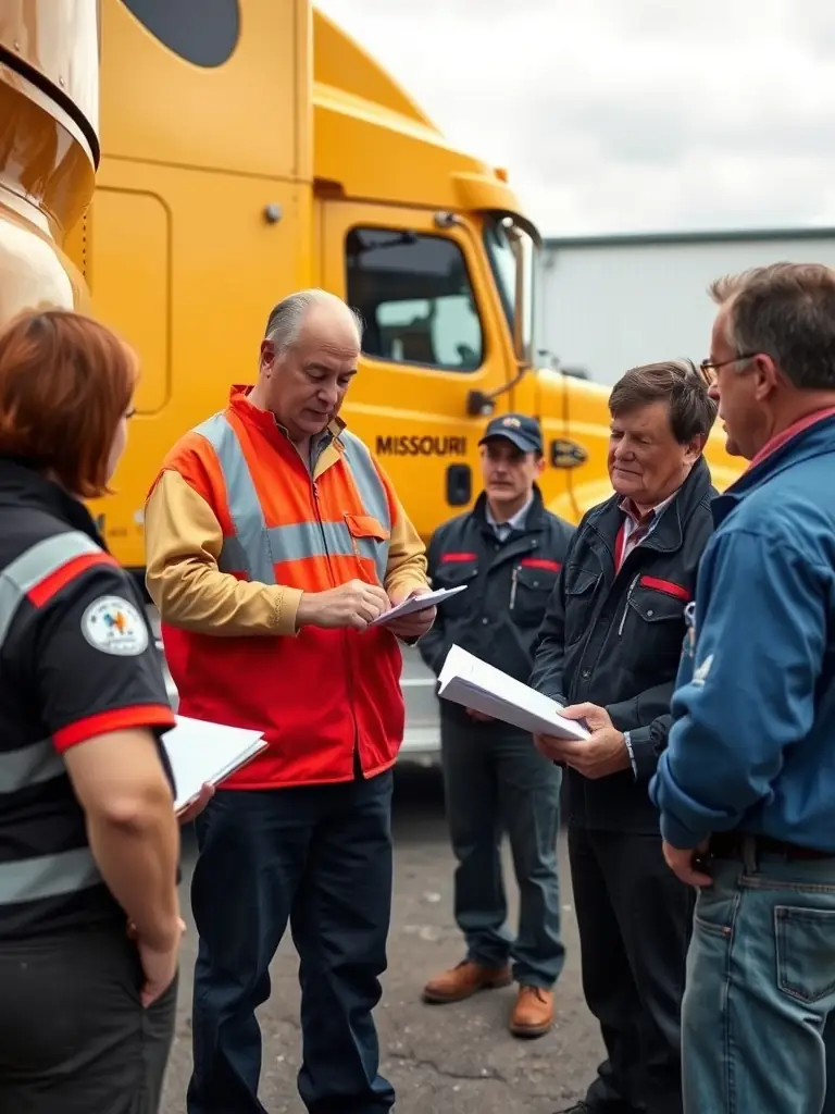 A professional truck driving instructor demonstrating pre-trip inspection procedures to a new driver, emphasizing safety checks and vehicle maintenance, set in a WADT Transportation training yard.