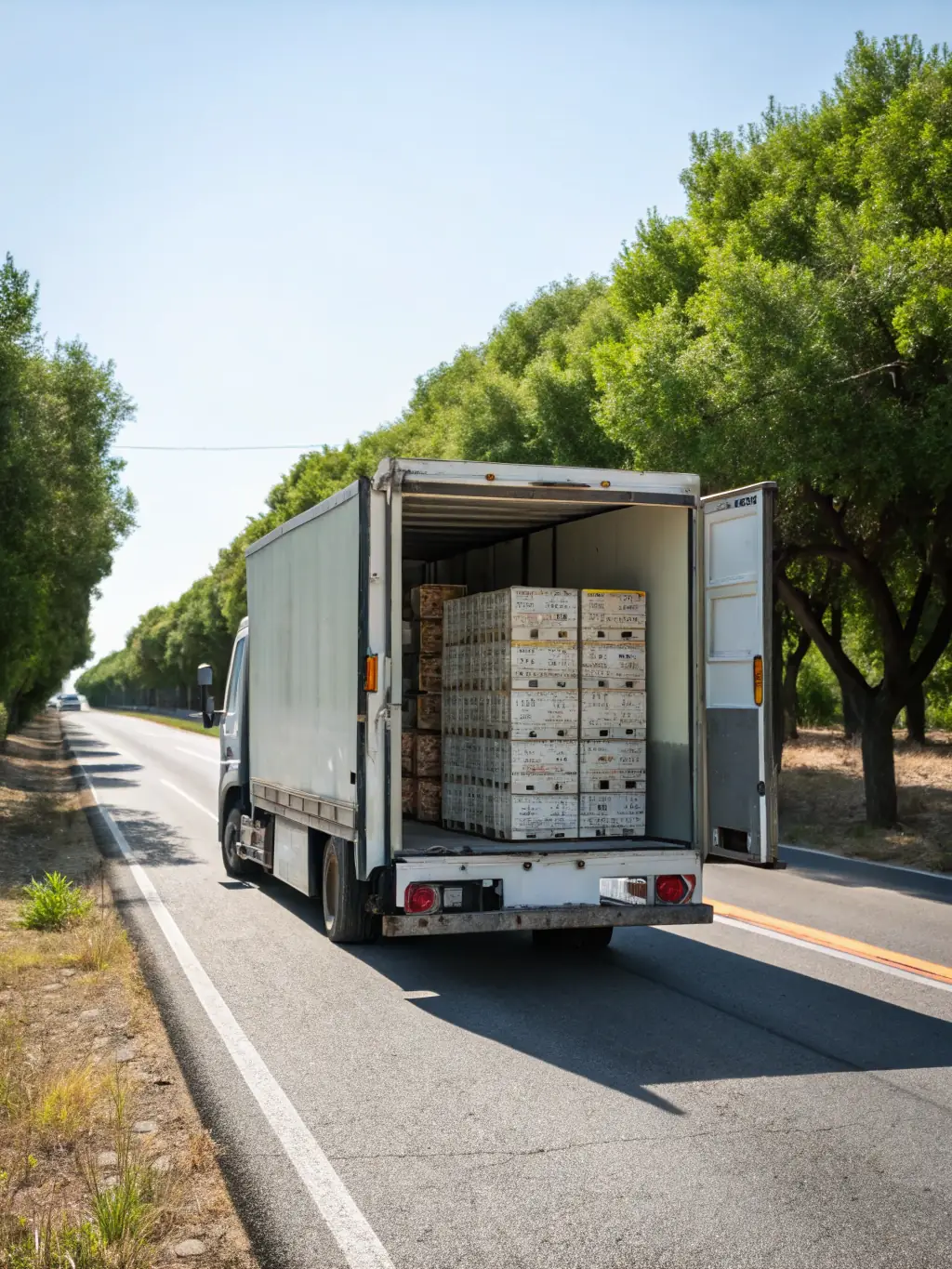 A refrigerated trailer with its doors open, revealing pallets of fresh produce, emphasizing the importance of temperature control in transporting perishables.